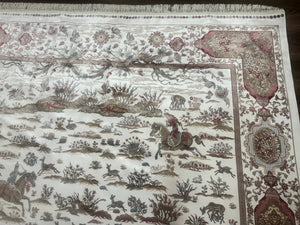Large Turkish Silk Rug 8x10, Ivory, Hunting Design, Bamboo Silk, New