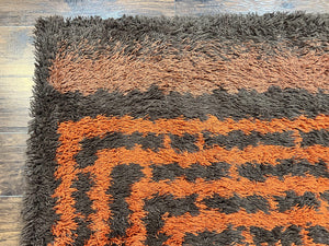 Vintage Rya Shag Rug 4.6 x 6.6, Abstract Design, Brown and Orange, Mid Century Danish Rya Carpet