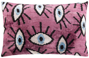 Canvello Handmade Velvet Evil Eye Pattern Pillow – 16x24 Luxury Decorative Throw Cushion for Home Decor – Feather Down Insert, Vegetable-Dyed, Vibrant Pink Purple Accent for Sofa, Couch & Furniture,