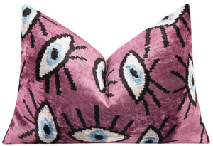 Canvello Handmade Velvet Evil Eye Pattern Pillow – 16x24 Luxury Decorative Throw Cushion for Home Decor – Feather Down Insert, Vegetable-Dyed, Vibrant Pink Purple Accent for Sofa, Couch & Furniture,