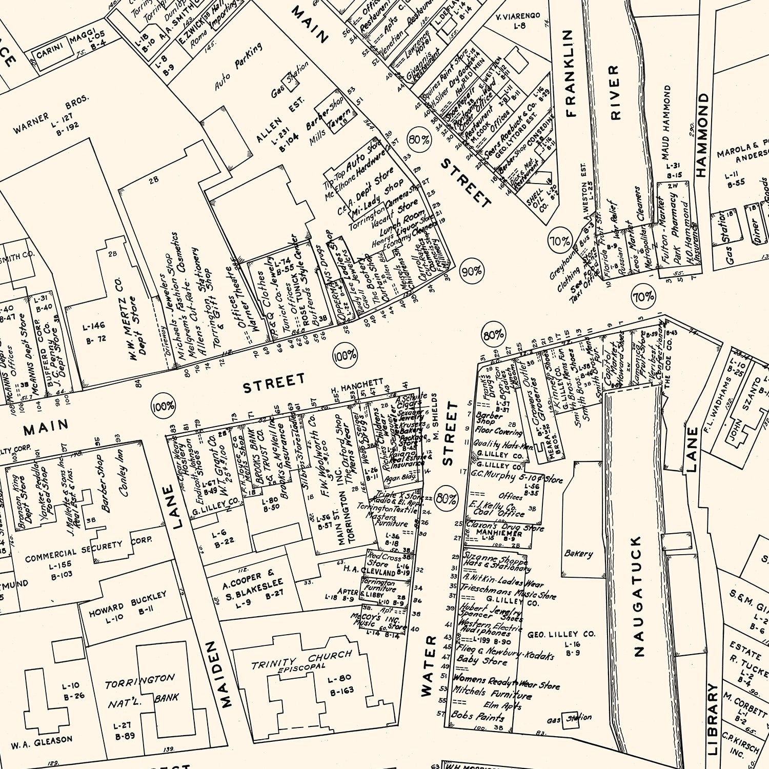 Vintage Map of Torrington, CT Business Section 1946