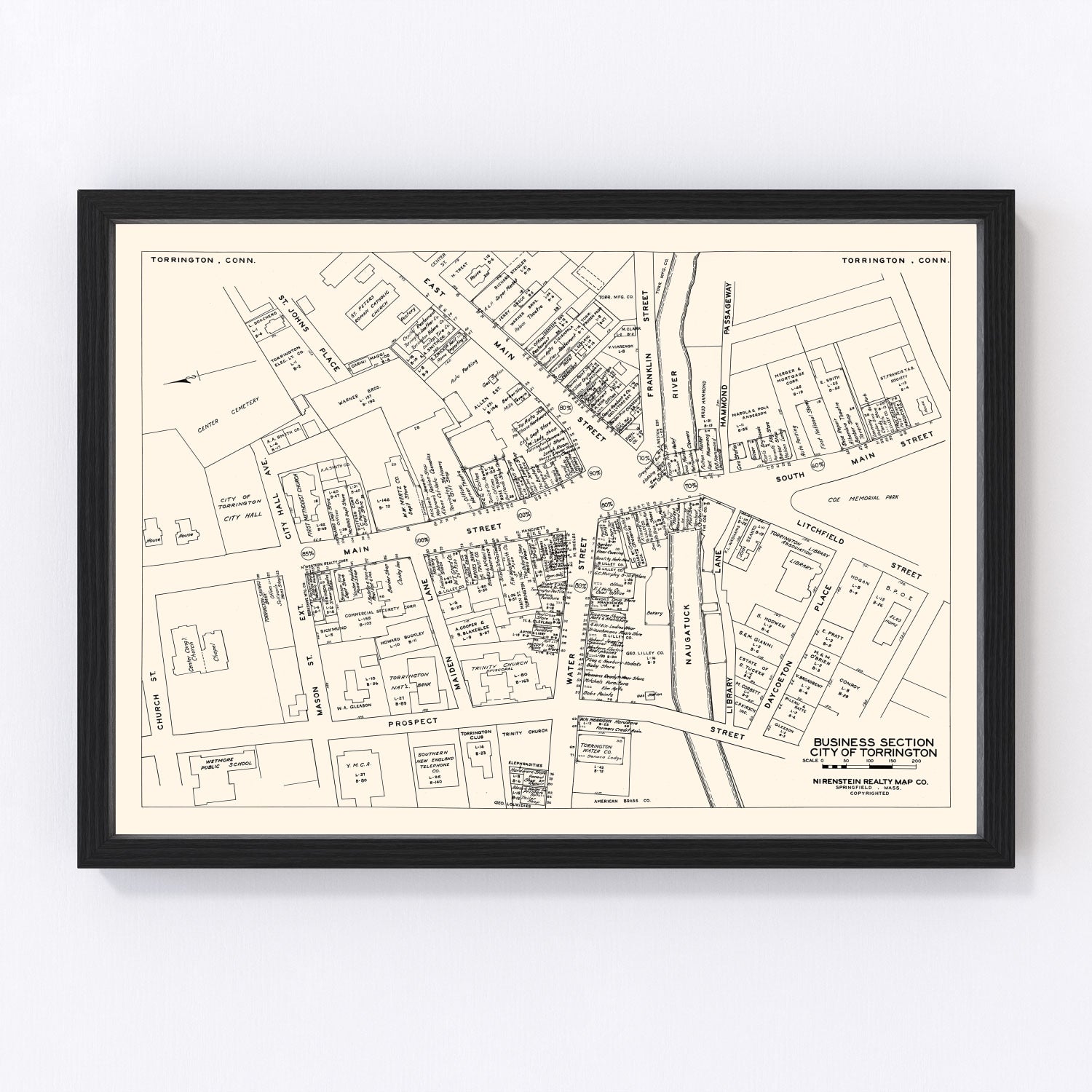 Vintage Map of Torrington, CT Business Section 1946