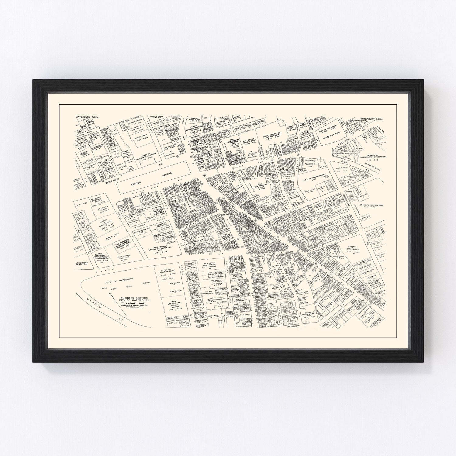 Vintage Map of Waterbury, CT Business Section 1946