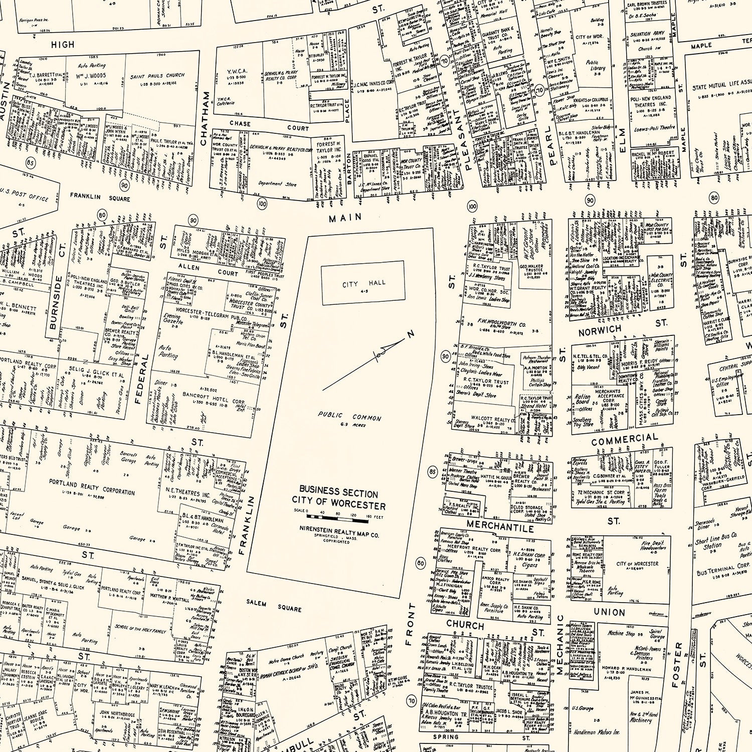 Vintage Map of Worcester, MA Business Section 1946