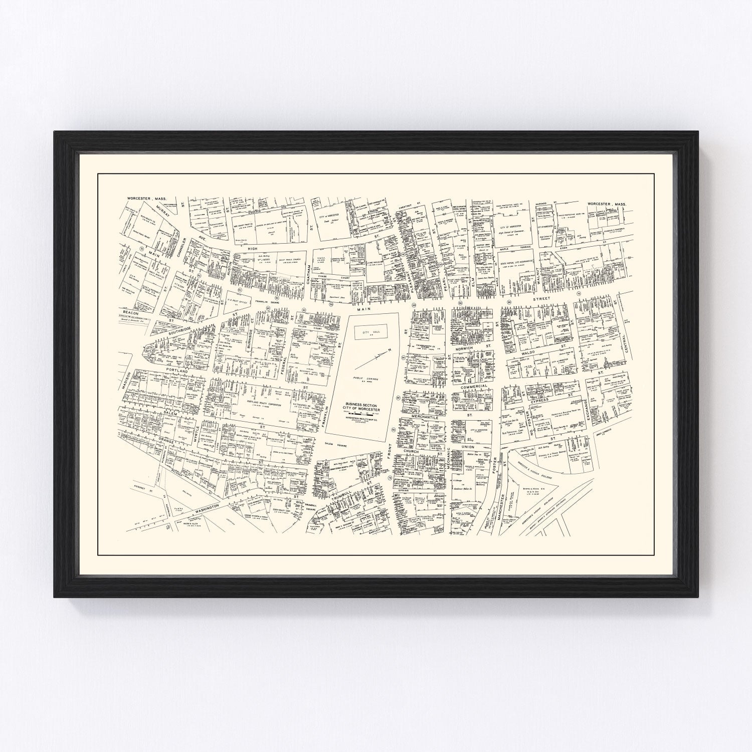 Vintage Map of Worcester, MA Business Section 1946