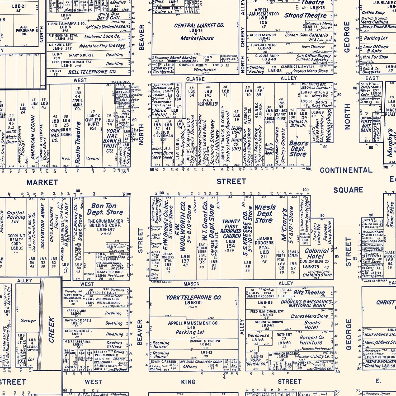 Vintage Map of York, PA Business Section 1950