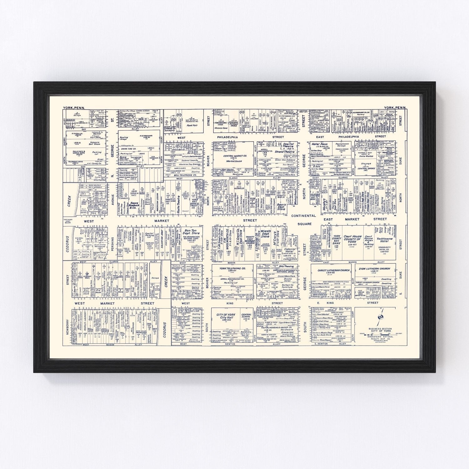 Vintage Map of York, PA Business Section 1950