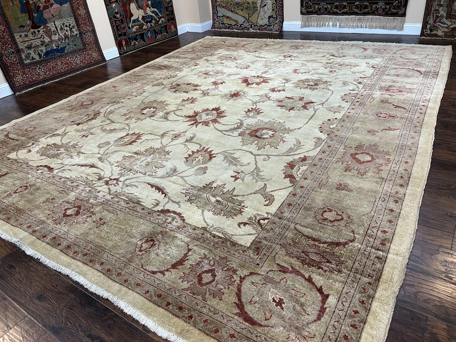 Large Peshawar Rug 11x14, Vintage Beige Chobi Carpet, Allover Floral Design, Hand Knotted, Wool, Room Sized Rug for Living Room Dining Room