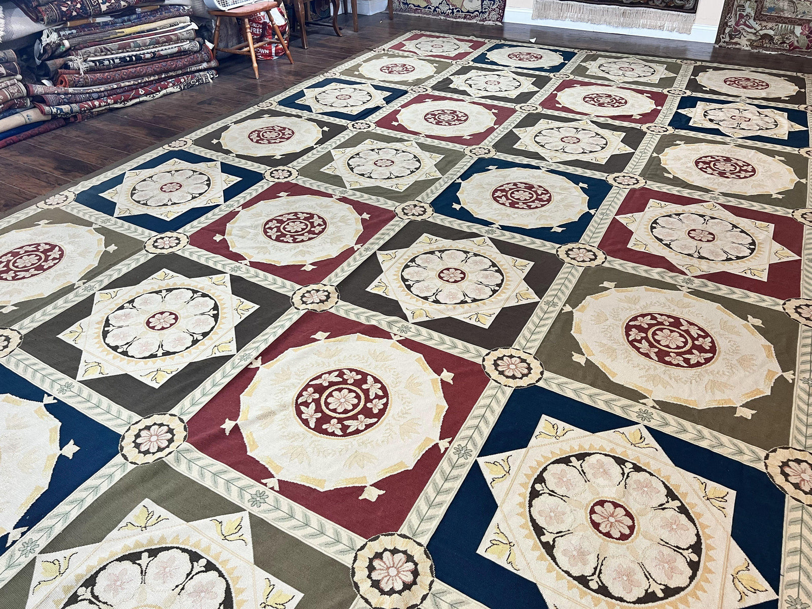 Needlepoint Rug 11x19, Oversized Wool Hand Woven Vintage Carpet, Panel Design, Palace Size Handmade Flatweave Rug, Extra Large, Multicolor