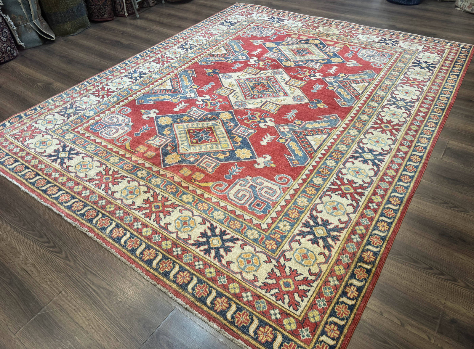 Turkish Kazak Rug 7.6 x 9.5, Geometric Medallions, Caucasian Pattern