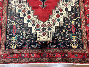 Persian Rug 5x12 ft, Red Cream Navy Blue, Pictorials, Hand Knotted Handmade Wide Runner Tribal Bidjar Semi Antique Wool Geometric Oriental Rug