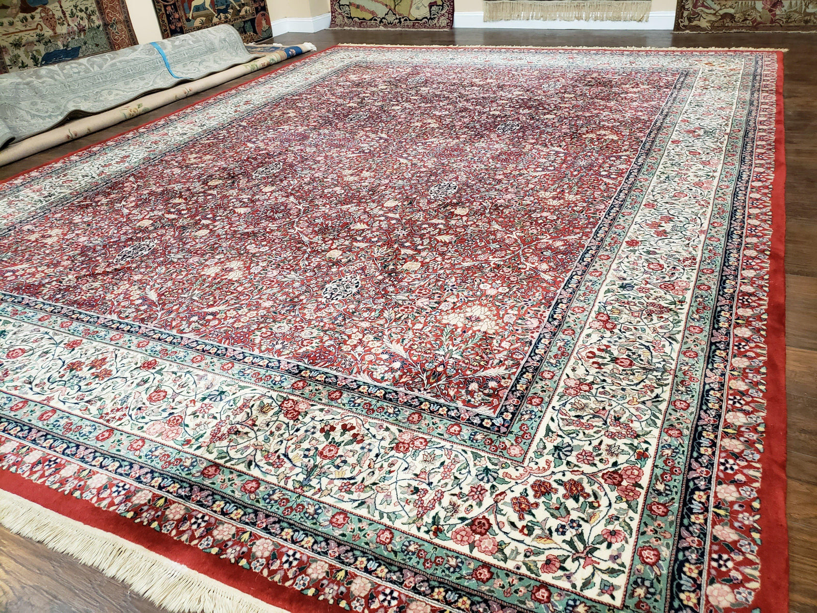 Oversized Pak Persian Rug 11x15, Large Wool Palace Carpet, Red and Ivory, Millefleur Allover Floral Pattern, Vintage Handmade Oriental Rug