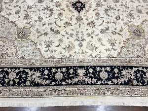 Sino Persian Rug 12x15, Ivory and Black, Floral Medallion Carpet, Large Palace Size Oriental Rug, Wool and Silk Highlights, Vintage Rug