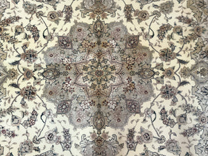 Sino Persian Rug 6x9, Floral Medallion, Ivory & Taupe, Wool with Silk Highlights, Fine 210 KPSI