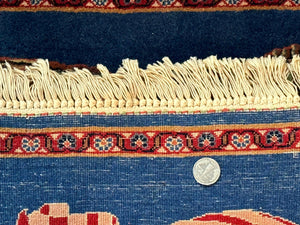 Pictorial Rug of American Flag with Bald Eagle, Small Indo Persian Pictorial Rug, Blue, Handmade, Very Fine 330 KPSI