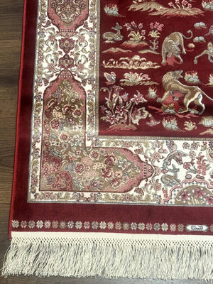 Turkish Silk Rug 2.6 x 6.7, Hunting Design, Short Runner Rug, Red & Ivory, Bamboo Silk, New