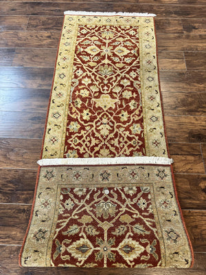 Pakistani Chobi Runner Rug 2.6 x 8, Pak Persian Oriental Rug for Hallway, Maroon Tan-Gold, Handmade Wool 8ft Runner for Hallway, Vintage Rug