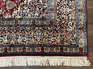 Indian Kashmiri Silk Rug 6x9, Red and Navy Blue, Floral Medallion, Fine 275 KPSI