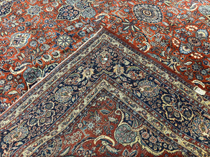 Persian Sarouk Rug 9x12, Red and Dark Blue Floral Allover Antique Persian Carpet, Handmade Wool Qazvin Rug