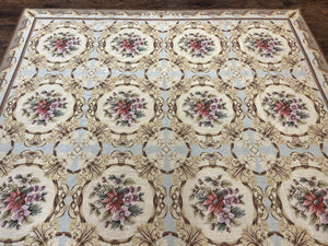 Chinese Needlepoint Rug 8x11, Handmade Wool Needlepoint Carpet, Vintage, Sky Blue