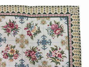 Hand-Knotted Needlepoint Carpet 6x9, Ivory/Cream Background, Colorful Flowers, Yellow Border, Aubusson Rug 6 x 9, New, Handmade