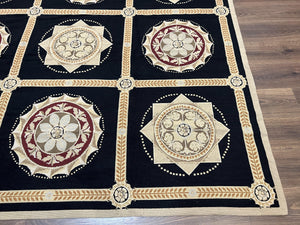 Large Needlepoint Rug 10x13, Panel Design, Black and Beige, Wool Needlepoint Carpet 10 x 13, English Garden, Handwoven Area Rug, Living Room