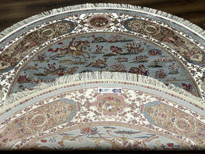 Round Silk Rug 6x6, Hunting Design, Bamboo Silk, Animal Pictorials