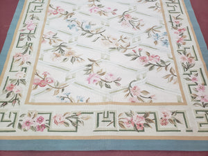 Vintage Aubusson Area Rug, Aubusson Flat weave Carpet, Floral Geometric Pattern, Beige Teal Green, 4x6 Rug, European Design