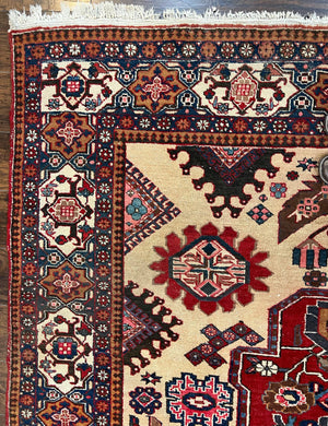 Antique Persian Heriz Rug 8x12 ft, Geometric Tribal Room Sized Carpet, Camel Hair Red Navy Blue, Wool Hand Knotted Medallion Oriental Carpet