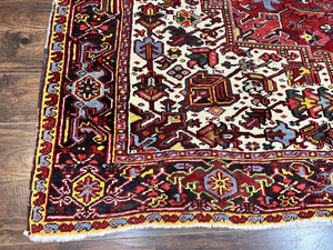 Persian Heriz Rug 10x13, Wool Hand Knotted Vintage Carpet, Geometric Medallion Tribal Oriental Rug, Red & Ivory, 10 x 13 Large Sized Rug