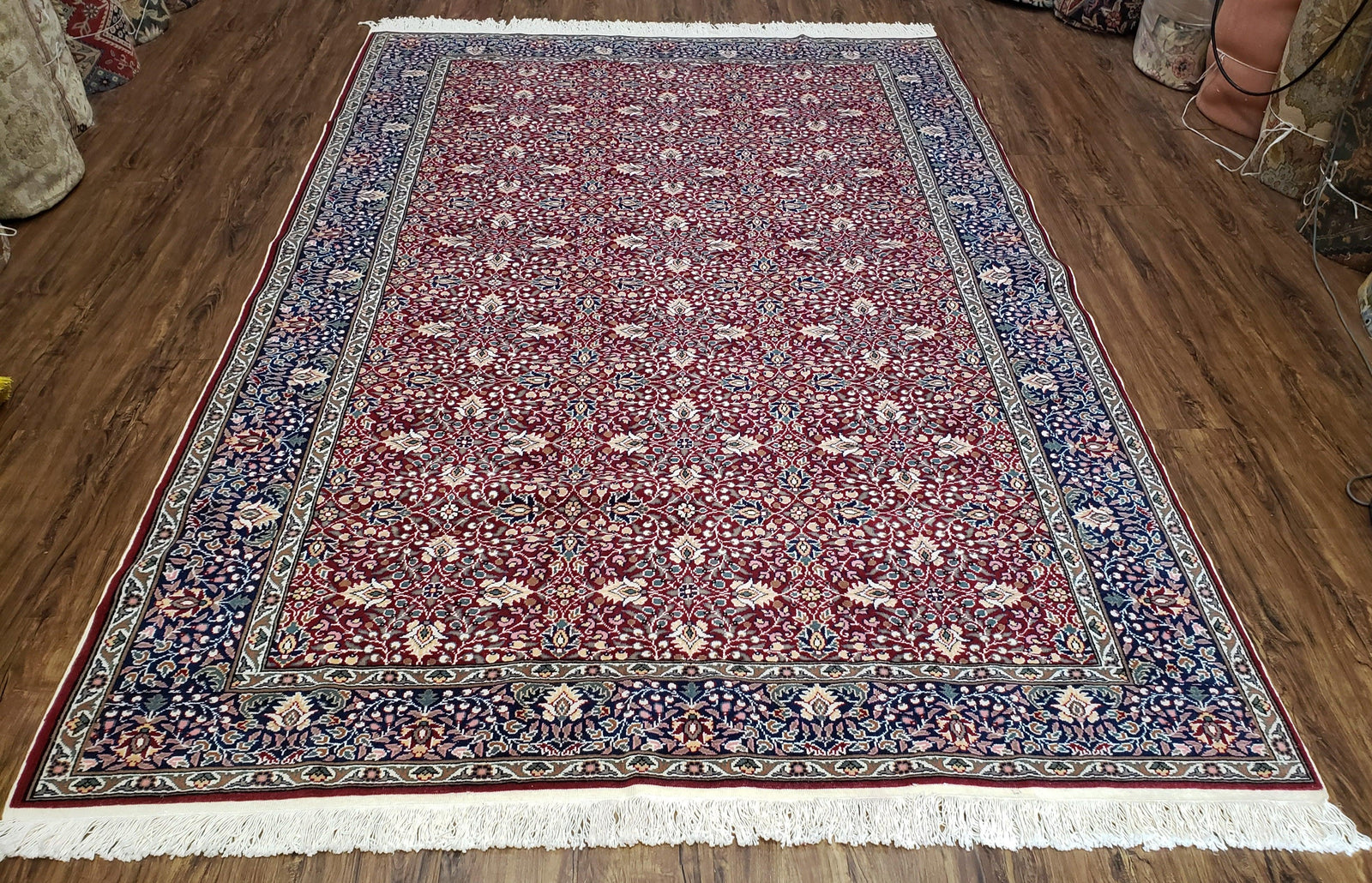 Vintage Turkish Sivas Area Rug 6.5 x 9.5, Wool Hand-Knotted Red & Midnight Blue Allover Floral Pattern Oriental Carpet, 6x9 Traditional Rug