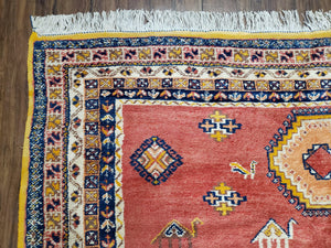 Vintage Moroccan Rug 6.6 x 9.8 ft, Tribal Bohemian Wool Hand-Knotted Carpet, 1950s Moroccan Rug, Salmon Red and Navy Blue, Room Sized Rug