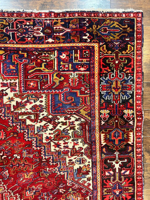 Persian Heriz Rug 9x11 ft, Geometric Rug 9 x 11, Red Room Sized Semi Antique Vintage Wool Hand Knotted Oriental Carpet