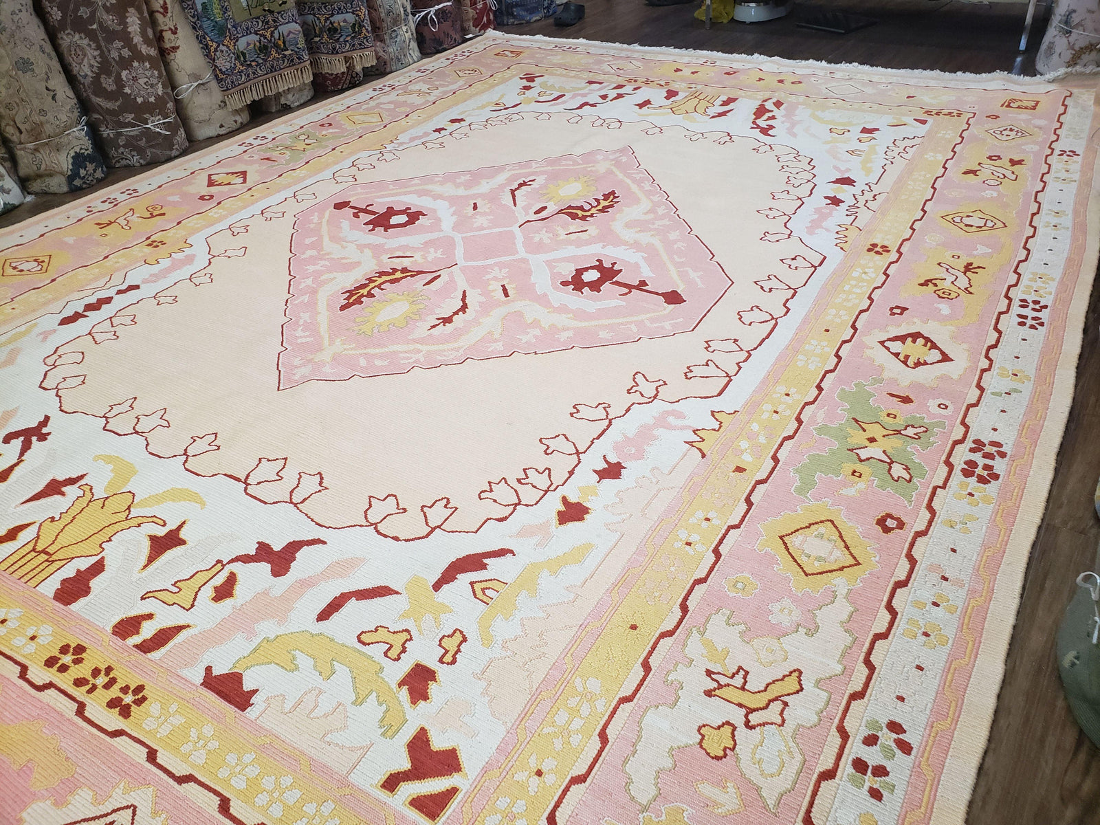 Large Turkish Kilim Carpet 10x14, Vintage Hand-Knotted Turkish Kilim Rug 10 x 14, Pink Cream Yellow Red, Decorative, Geometric, Unique