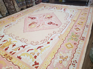 Large Turkish Kilim Carpet 10x14, Vintage Hand-Knotted Turkish Kilim Rug 10 x 14, Pink Cream Yellow Red, Decorative, Geometric, Unique