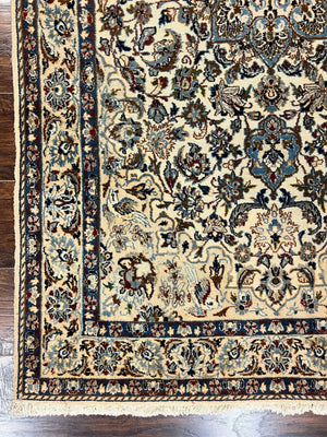 Persian Nain Rug 4x7, Floral Medallion Oriental Carpet 4 x 7 ft, Ivory Persian Rug, Handmade Hand Knotted Vintage, Wool & Silk Highlights, Birds