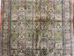 Magnificent Persian Silk Rug 3.7 x 5, Persian Qum Rug, Panel Design, Kheshti Garden, Extremely Fine 650 KPSI - 70 Raj, Hand Knotted, Vintage, Multicolor