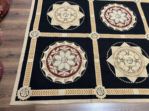 Large Needlepoint Rug 10x13, Panel Design, Black and Beige, Wool Needlepoint Carpet 10 x 13, English Garden, Handwoven Area Rug, Living Room