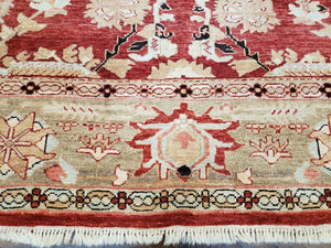 Peshawar Rug 9.5 x 10.8, Almost Square Size, Red and Beige Chobi Sultanabad Rug, Shah Abbas Flowers, Wool Handmade, Vintage Oriental Carpet