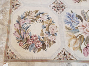 Needlepoint Rug 10x13 Vintage Carpet, Floral Panel Design, Beige, Multicolor Flowers, Handmade Hand Woven, Flatweave, No Pile, Wool