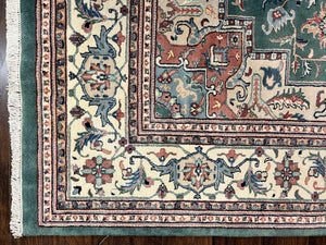 Indo Heriz Rug 9x12, Geometric Oriental Carpet, Room Sized Wool Handmade Hand Knotted Vintage Green and Cream Area Rug, Indian Rug 9 x 12