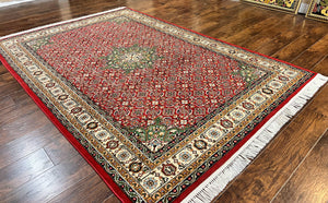 Persian Tabriz Rug 7x10, Wool Hand Knotted Vintage Carpet, Red Green & Cream, Herati Pattern, 7 x 10 Room Sized Oriental Rug