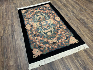 Chinese Art Deco Rug 3x5, Black and Beige Chinese Carpet 3 x 5, Vintage Rug, 1950s Rug, Floral Rug, Handmade Rug, Art Deco Rug, Wool Rug