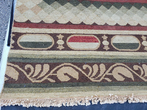 Large Vintage Striped Rug, Handmade, Earth Tone Decor, Beiges Slate Gray Dark Red, Flatweave Indian Striped Carpet, Indian Kilim 10x14, Wool