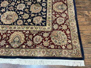 Sino Persian Rug 9x12, Wool Hand Knotted Vintage Oriental Carpet, Navy Blue Floral Allover, Traditional Room Sized 9 x 12 Rug