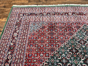 Indo Persian Rug 10x14, Bidjar Rug 10 x 14, Wool Hand Knotted Vintage Carpet, Red & Green Herati Pattern, Large Room Sized Oriental Rug