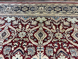 Indian Agra Rug 12x15, Maroon, Hand Knotted Vintage Palace Sized Oriental Carpet