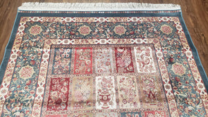 Silk Carpet 4x6 Blue, Panel Design, Four Seasons Pattern, Super Fine & Soft, Bamboo Silk, 4 x 6 Oriental Area Rug, High Quality, New Rug