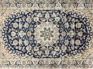 Persian Nain Rug 3x5, Floral Medallion Oriental Carpet, Very Fine Hand Knotted Handmade Wool and Silk Highlights Rug, Vintage Semi Antique