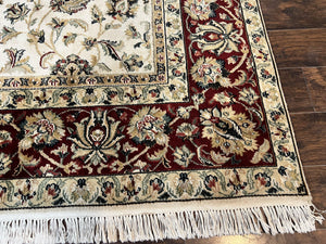 Indo Persian Rug 8x10, Wool Hand Knotted Vintage Carpet, Ivory Maroon, 8 x 10 Traditional Oriental Rug, Floral Allover Rug